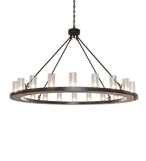 Blending an elegant style with a classic, distinguished look... This massive Loxley chandelier is custom-crafted with 20 Clear Glass Seeded Cylindres. These illuminating elements are perched on a sturdy ring which is enhanced with a Timeless Bronze finish. The luxurious custom fixture is ideal for illuminating ballrooms, dining areas, lobbies, entryways, and other residential, hospitality, and commercial spaces. The Loxley 20 Light Chandelier is included in our American-made, American-designed, handcrafted Loxley Lighting Collection. This fixture is manufactured in Yorkville, New York, and is UL and cUL listed for dry and damp locations. The Loxley Collection features various chandeliers, pendants, and wall sconces designed with sturdy rings accented with faux candlelights or cylindrical elements. Many of these fixtures make great statement pieces for large spaces and can be customized with your choice of size, finish, and lamping. Collection: Loxley Finish: Timeless Bronze Glass: Clear Seeded Glass Width: 60.00" Height: 48.00" Length: 60.00" Weight: 48.00 lb Number of Bulbs: 20 Maximum Wattage: 60.00 W Bulb Type: B11 Bulb Base: E26 Material: Steel Country of Origin: USA Safety Rating: Damp - alternate view