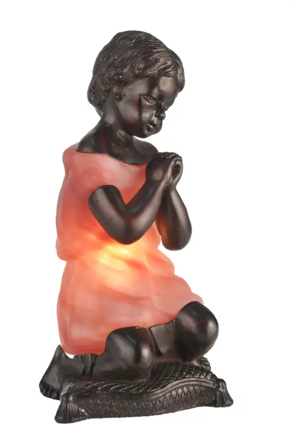 Charming, lighted sculpture of blown art glass and castiron head, arms, legs and base, in rich Mahogany Bronzefinish. Collection: Silhouette Praying Child Finish: Pink/White Width: 4.50" Height: 9.00" Extension from Wall: 4.50" Number of Bulbs: 1 Maximum Wattage: 25.00 W Bulb Base: Candelabra