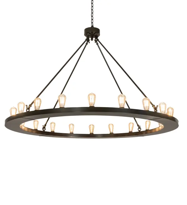 This striking Loxley Chandelier is topped with 20 customer-supplied Edison style Lamps. This classic styled chandelier is enhanced with a Timeless Bronze finish. The massive fixture is ideal for illuminating lobbies, entryways and other spaces in residential, hospitality, retail and commercial settings. The overall height ranges from 45 to 69 inches as the chain length can be easily adjusted in the field. Handcrafted by highly skilled artisans in our 180,000 square manufacturing facility in Yorkville, New York. Diffuser colors, metal finishes and fixture sizes can be customized. UL and cUL listed for dry and damp locations. Collection: Loxley Finish: Timeless Bronze Width: 60.00" Height: 45.00" Length: 60.00" Weight: 68.00 lb Number of Bulbs: 20 Maximum Wattage: 40.00 W Bulb Type: ST19 Bulb Base: E26 Material: Steel Country of Origin: USA Safety Rating: Damp