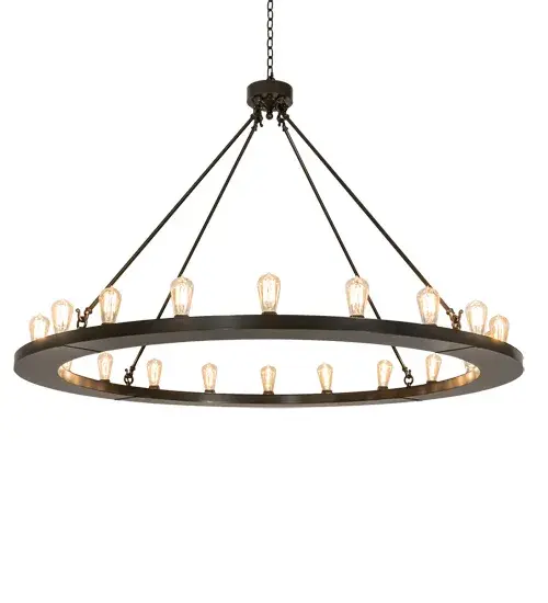 This striking Loxley Chandelier is topped with 20 customer-supplied Edison style Lamps. This classic styled chandelier is enhanced with a Timeless Bronze finish. The massive fixture is ideal for illuminating lobbies, entryways and other spaces in residential, hospitality, retail and commercial settings. The overall height ranges from 45 to 69 inches as the chain length can be easily adjusted in the field. Handcrafted by highly skilled artisans in our 180,000 square manufacturing facility in Yorkville, New York. Diffuser colors, metal finishes and fixture sizes can be customized. UL and cUL listed for dry and damp locations. Collection: Loxley Finish: Timeless Bronze Width: 60.00" Height: 45.00" Length: 60.00" Weight: 68.00 lb Number of Bulbs: 20 Maximum Wattage: 40.00 W Bulb Type: ST19 Bulb Base: E26 Material: Steel Country of Origin: USA Safety Rating: Damp - alternate view