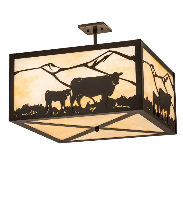 Every Meyda Tiffany item is a unique handcrafted work of art. Natural variations in the wide array of materials that we use to create each Meyda product make every item a masterpiece of its own. Photographs are a general representation of the product. Colors and designs will vary. Collection: Calf & Cow Finish: Timeless Bronze Glass: Beige Width: 34.00" Height: 19.75" Length: 24.00" Weight: 38.00 lb Number of Bulbs: 4 Maximum Wattage: 60.00 W Bulb Type: A19 Bulb Base: E26 Material: Steel Country of Origin: USA Safety Rating: Damp
