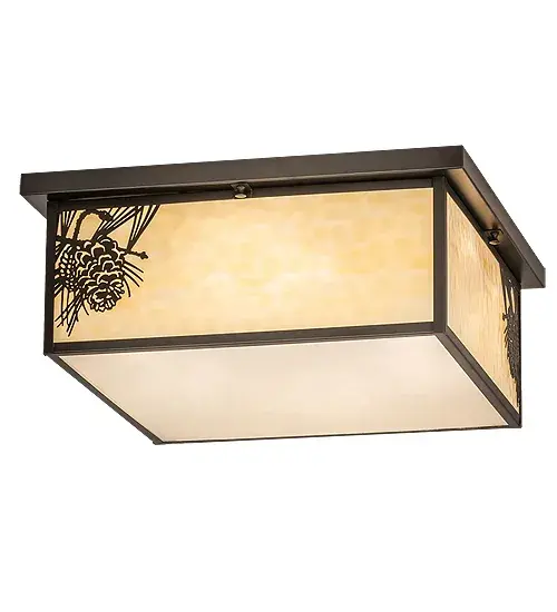 With Pinecones and Pine Needles delicately etched of Solid Brass; this compelling design represents the iconic symbol of spiritual enlightenment and eternal life. Natural charm comes alive with beautiful ambient light shining through a Beige art glass lens; enhanced with a Clear Seeded glass bottom diffuser and Craftsman Brown finished accents and hardware. The Hyde Park Winter Pine Flushmount is featured in our American-made; American-designed; handcrafted Craftsman Signature Lighting Collection. Manufactured in Yorkville; New York. UL and cUL listed for dry; damp and wet locations. - alternate view