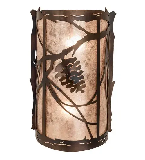 Listen closely. You can almost hear the soft whisper of the Pine Branches as they dance in the wind. Enjoy the ambiance of soft beautiful light diffused through a Silver Mica diffuser featuring a stunning Pinecone with Pine Branch design. The wall fixture is finished in a Burnished Antique Copper. The Whispering Pines Wall Sconce is included in our American made, American designed handcrafted Nature Inspired Lighting Collection. Manufactured in Yorkville, New York. UL and cUL listed for dry and damp locations. Collection: Whispering Pines Finish: Light Burnished Antique Copper Glass: Silver Mica Width: 8.00" Height: 13.00" Length: 5.00" Weight: 4.50 lb Extension from Wall: 5.00" Number of Bulbs: 2 Maximum Wattage: 60.00 W Bulb Type: A19 Bulb Base: E26 Material: Steel Country of Origin: USA Safety Rating: Damp - alternate view