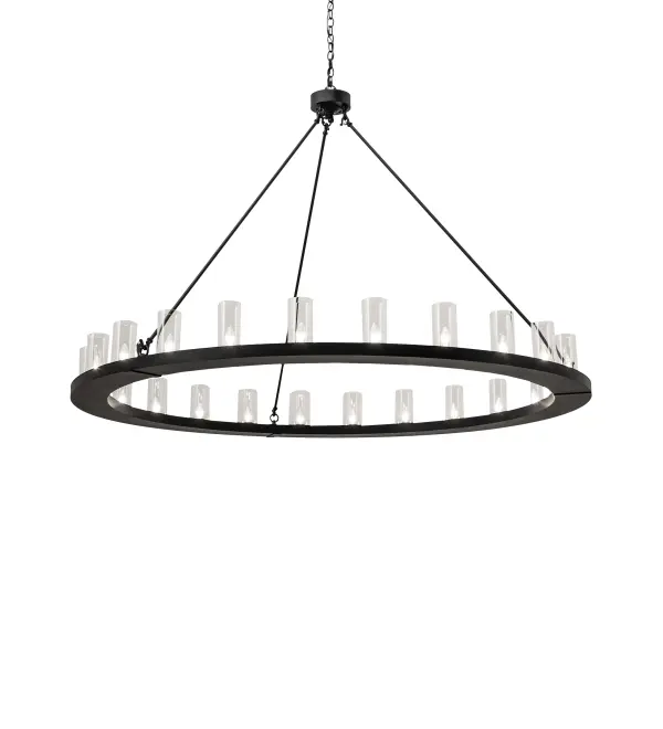 Blending an elegant style with a classic, distinguished look. The massive Loxley Chandelier is custom-crafted with 24 Clear Glass Cylindres on a sturdy round frame featured in a Textured Black finish. The fixture is ideal for illuminating dining tables, conference tables, kitchen islands, and counters. The overall height ranges from 53 to 124 inches, as the chain length easily adjusts in the field to accommodate your specific lighting needs. The Loxley Chandelier is featured in our American-made, American-designed, handcrafted Transitional Lighting Collection. Manufactured in Yorkville, New York. UL and cUL listed for dry and damp locations. Collection: Loxley Finish: Textured Black Glass: Clear Glass Width: 72.00" Height: 53.00" Length: 72.00" Weight: 105.00 lb Number of Bulbs: 24 Maximum Wattage: 40.00 W Bulb Type: B11 Bulb Base: E26 Material: Steel Country of Origin: USA Safety Rating: Damp