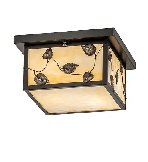 A Mission styled pendant designed for stunning indoor and outdoor lighting applications. This handsome Craftsman Signature fixture is custom crafted with Beige Art Glass side and bottom diffusers. The ceiling fixture is complemented with Solid Brass hardware in a Craftsman Brown finish. The Hyde Park Vine Leaf Flushmount is featured in our American designed; handmade Craftsman Signature Series. Manufactured in Yorkville; New York. UL and cUL listed for dry; damp and wet locations. - alternate view