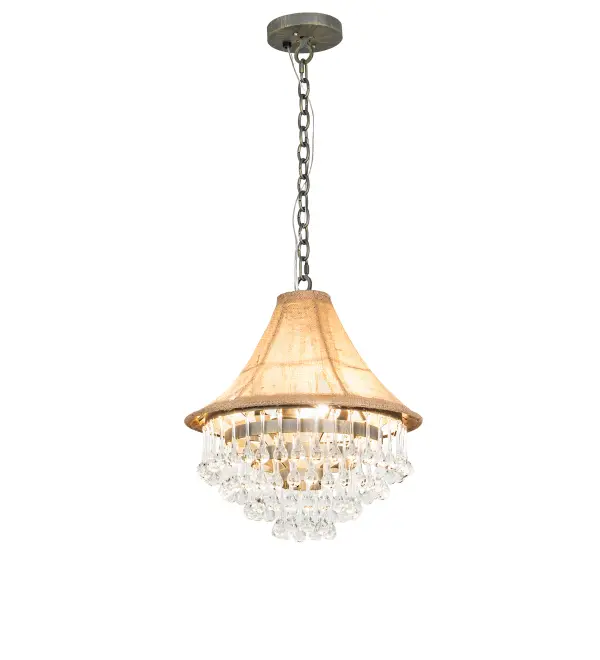 Designed as a stunning centerpiece for nearly any room. The Mosier Pendant features a unique combination of Natural Textrene and dozens of elegant Crystal Droplets. This fixture offers decorative hardware in an Antique Brass finish. Overall height ranges from 24 to 40 inches as the chain can be easily adjusted in the field. The Mosier Pendant is included in our American-made; American-designed; handcrafted Transitional Collection and manufactured in Yorkville; New York. UL and cUL listed for dry and damp locations; however; we do not recommend installing it in spaces that experience a large amount of moisture due to the fabric shade. Featured in Cameron Mitchell restaurants. Designed by Karen Hanlon Designs.