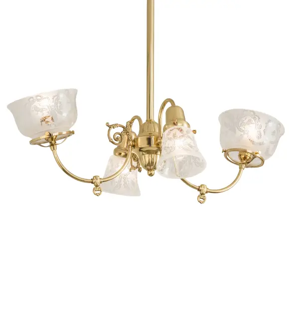 Reminiscent of lighting fixtures from the early 1900s. The Revival Gas & Electric Chandelier features four Clear Etched Glass shades with an elegant Wreath and Garland motif- two facing upward and two directed downward. An authentic historic look to complement any room or space. Solid Polished Brass hardware and decorative accents make this piece a timeless treasure. The Gas & Electric Oblong Chandelier is featured in our American made; American designed handcrafted Revival Lighting Collection. Manufactured in Yorkville; New York. UL and cUL listed for dry and damp locations.