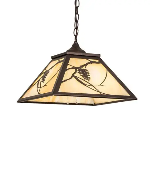 You can almost hear the soft whisper of the Pine Branches as they dance in the wind. Enjoy the ambiance of soft beautiful light diffused through the Beige Art Glass panels of the shade featuring stunning Pinecone and Pine Branch designs. Overall height ranges from 18 to 44.5 inches as the chain can be easily adjusted in the field. The Whispering Pines Pendant is featured in our American made, American designed, handcrafted Nature Inspired Lighting Collection. Manufactured in Yorkville, New York. UL and cUL listed for dry and damp locations. Collection: Whispering Pines Finish: Mahogany Bronze Glass: Beige Ripple Width: 22.00" Height: 15.00" Length: 16.00" Weight: 11.00 lb Number of Bulbs: 2 Maximum Wattage: 60.00 W Bulb Type: A19 Bulb Base: E26 Material: Steel Country of Origin: USA Safety Rating: Damp - alternate view