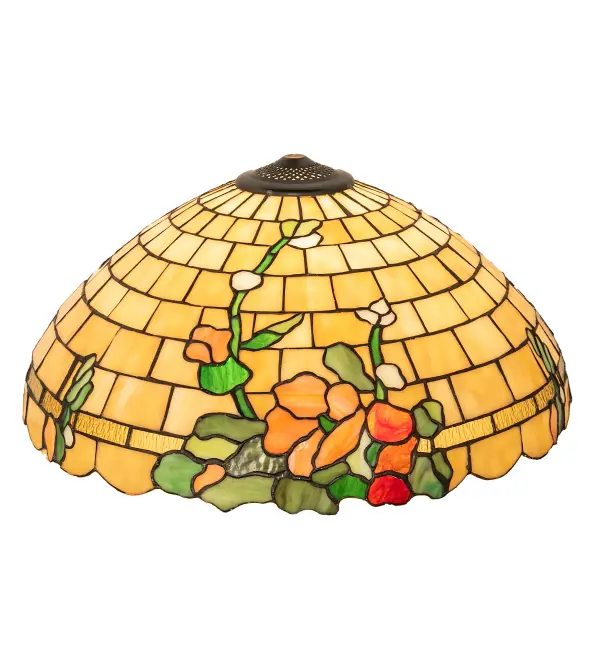 A beautiful symbol of the circle of life; ambition and fertility... Hollyhock flowers are often planted near the front door to welcome in good luck and prosperity to the home. This shade features flourishes of Orange Hollyhocks accented with Green Leaves on a Beige gridwork background. Pair with a base to create a stunning lamp such as 253006; 253009 or 253416. This shade is created using the famous Meyda Tiffany copperfoil construction technique. The Duffner & Kimberly Hollyhock Shade is featured in our American designed; handmade Duffner & Kimberly Stained Glass Lighting Collection.