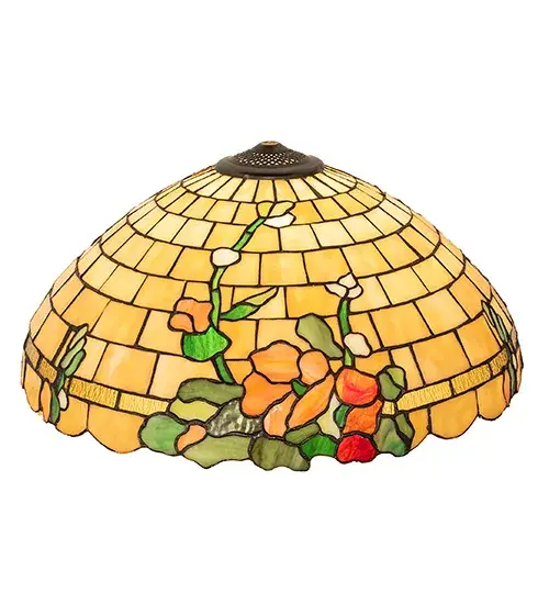 A beautiful symbol of the circle of life; ambition and fertility... Hollyhock flowers are often planted near the front door to welcome in good luck and prosperity to the home. This shade features flourishes of Orange Hollyhocks accented with Green Leaves on a Beige gridwork background. Pair with a base to create a stunning lamp such as 253006; 253009 or 253416. This shade is created using the famous Meyda Tiffany copperfoil construction technique. The Duffner & Kimberly Hollyhock Shade is featured in our American designed; handmade Duffner & Kimberly Stained Glass Lighting Collection. - alternate view