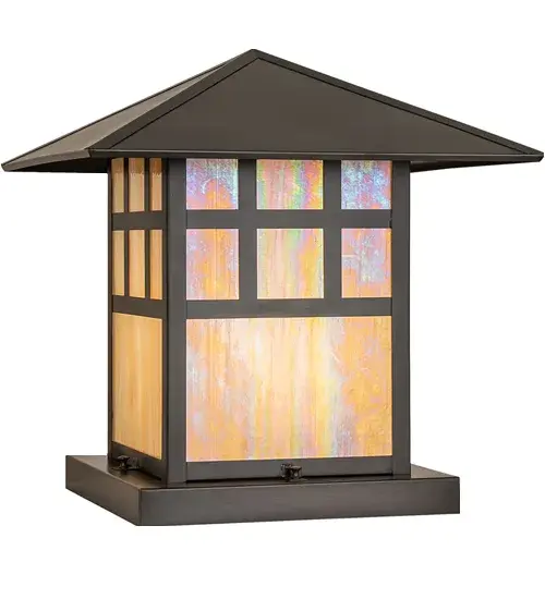 Constructed of Solid Brass; this lighting fixture is handcrafted for durability and longevity and is resistant to rust and corrosion; making it perfect for exterior as well as interior applications. A stunning Craftsman design statement is captured with a dramatic Mission-styled profile and a unique Saltire wired design. The Beige Iridescent Glass diffuser is enhanced with a frame and hardware featured in a Craftsman Brown finish. The fixture is ideal for placement on columns and posts on decks and patios in timber homes; modern farmhouses; and other spaces from Traverse City; Michigan; to Lake Tahoe; Nevada; to Lake Geneva; Wisconsin. The Seneca Watchtower Pier Mount is included in our American-made; American-designed; handcrafted Craftsman Signature Series and manufactured in Yorkville; New York. UL and cUL listed for dry; damp; and wet locations. Our Build Your Own Craftsman Signature Series features unlimited combinations of styles. The collection is called?Build Your Own because it is fully configurable and customizable from size and design to finish and lens color. Choose from a multitude of style options; or send us your own concept today! Call today to learn how to use the configuration tool available on our website for an instant item number! - alternate view
