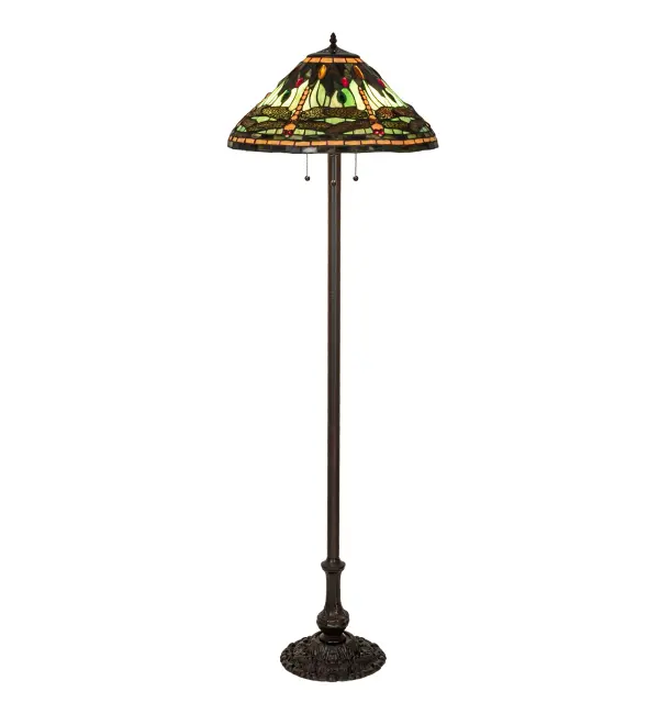 Inspired by Tiffany Studio's classic Dragonfly lighting masterpiece. Orange dragonflies with glowing Red glass jeweled eyes and metal filigree wings dive over a Green and Orange background with Orange and Green/Brown Bands. The shade is accented with Green; Red and Amber colored jewels and is created using the famous Meyda Tiffany copperfoil construction. This shade embraces a floor base in a warm Mahogany Bronze finish. UL and cUL listed for dry locations. Each shade is a unique work of art with color variations based on natural ingredients inherent in the glass. Contact us if color matching is critical when ordering multiple items.