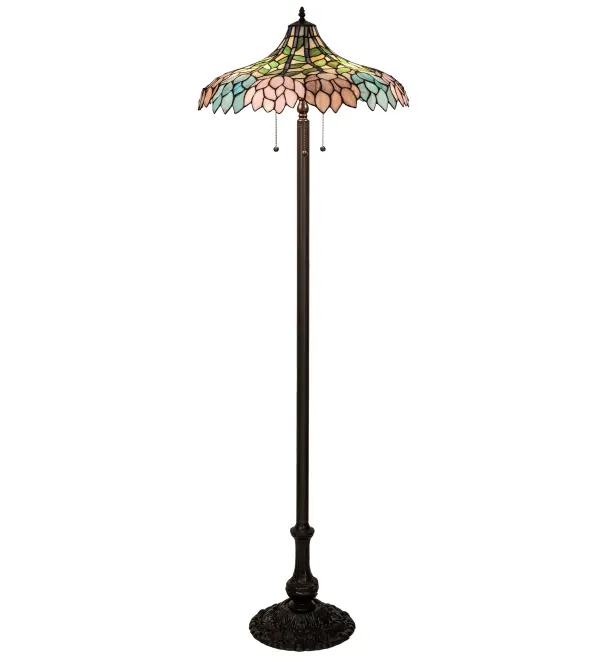 Floral beauty and grace. Stylized Wisteria flower clusters in Petal Pink; Sky Blue and Dark Amethyst with Jade Green leaves and Dark Amethyst vines drape over a Beige background on this art glass shade. The classic styling of this Tiffany inspired floor lamp will add charm to any room. The stunning shade is made of hand cut glass using the famous Meyda Tiffany copperfoil construction process. The shade is complemented with a Mahogany Bronze finished floor base. UL and cUL listed for dry locations. Each piece is a unique work of art with color variations based on natural ingredients inherent in the glass. Contact us if color matching is critical when ordering multiple items.