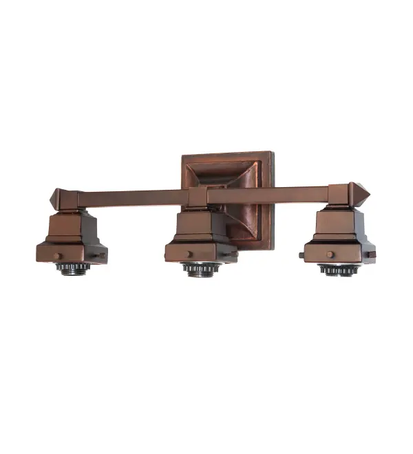 Every Meyda Tiffany item is a unique handcrafted work of art. Natural variations in the wide array of materials that we use to create each Meyda product make every item a masterpiece of its own. Photographs are a general representation of the product. Colors and designs will vary. Collection: Mission Finish: Mahogany Bronze Glass: Silver Mica Width: 18.00" Height: 6.50" Length: 5.00" Weight: 3.50 lb Extension from Wall: 5.00" Number of Bulbs: 3 Maximum Wattage: 60.00 W Bulb Type: A19 Bulb Base: E26 Material: Zinc & Steel Country of Origin: CHINA Safety Listing: Dry Safety Rating: Damp