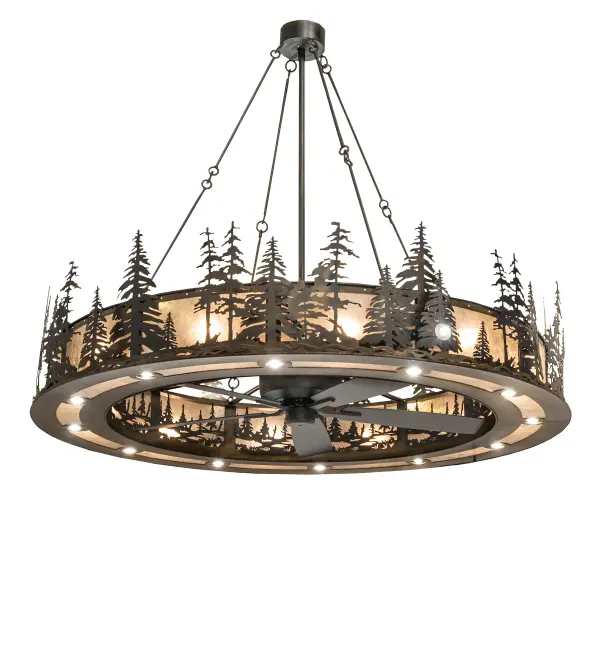 A stand of Tall Pines accents this massive Chandel-Air. This fan-integrated custom lighting fixture features Pine Tree and woodland metal silhouettes in a Dark Burnished Antique Copper finish. A Silver Mica diffuser illuminates while gentle breezes are created by a fan spinning quietly in the center. Each layer of light is an individual circuit giving the dimming ability to fine-tune the lighting atmosphere of the space for a perfect ambiance. Multiple layers of light for different moods and tasks include 12 inner lights used for a decorative effect and to bring out the beauty of the Mica, six uplights for ambient illumination, 12 downlights for functional illumination on surfaces below, and a single spotlight for accent lighting. The Tall Pines design is inspired by the Coconino National Forest in Arizona, to the Deschutes National Forest in Oregon, to the Ancient Bristlecone Pine Forest of California. This Chandel-Air is ideal for use in an entryway, lobby, ballroom, and other rooms in residential, hospitality, and commercial settings. In summer, the fan pushes down a windchill that circulates to keep the space cool and comfortable. In winter, the fan is reversed to pull the room air towards the ceiling, forcing the warm air back down & circulate to create warmth. The Tall Pines Chandel-Air is included in our American-made, American-designed, handcrafted, award-winning Chandel-Air Collection. Manufactured in Yorkville, NY. UL and cUL listed for dry and damp locations. Collection: Tall Pines Finish: Dark Burnished Antique Copper Glass: Silver Mica Width: 72.00" Height: 60.00" Length: 72.00" Weight: 210.00 lb Number of Bulbs: 12 Maximum Wattage: 60.00 W Bulb Type: A19 Bulb Base: E26 Material: Steel Country of Origin: USA Safety Rating: Damp