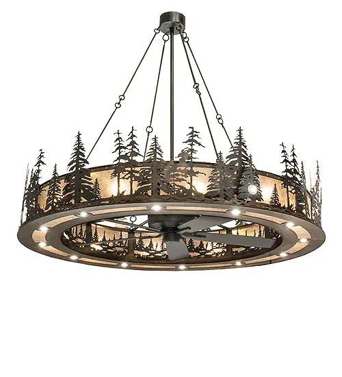 A stand of Tall Pines accents this massive Chandel-Air. This fan-integrated custom lighting fixture features Pine Tree and woodland metal silhouettes in a Dark Burnished Antique Copper finish. A Silver Mica diffuser illuminates while gentle breezes are created by a fan spinning quietly in the center. Each layer of light is an individual circuit giving the dimming ability to fine-tune the lighting atmosphere of the space for a perfect ambiance. Multiple layers of light for different moods and tasks include 12 inner lights used for a decorative effect and to bring out the beauty of the Mica, six uplights for ambient illumination, 12 downlights for functional illumination on surfaces below, and a single spotlight for accent lighting. The Tall Pines design is inspired by the Coconino National Forest in Arizona, to the Deschutes National Forest in Oregon, to the Ancient Bristlecone Pine Forest of California. This Chandel-Air is ideal for use in an entryway, lobby, ballroom, and other rooms in residential, hospitality, and commercial settings. In summer, the fan pushes down a windchill that circulates to keep the space cool and comfortable. In winter, the fan is reversed to pull the room air towards the ceiling, forcing the warm air back down & circulate to create warmth. The Tall Pines Chandel-Air is included in our American-made, American-designed, handcrafted, award-winning Chandel-Air Collection. Manufactured in Yorkville, NY. UL and cUL listed for dry and damp locations. Collection: Tall Pines Finish: Dark Burnished Antique Copper Glass: Silver Mica Width: 72.00" Height: 60.00" Length: 72.00" Weight: 210.00 lb Number of Bulbs: 12 Maximum Wattage: 60.00 W Bulb Type: A19 Bulb Base: E26 Material: Steel Country of Origin: USA Safety Rating: Damp - alternate view