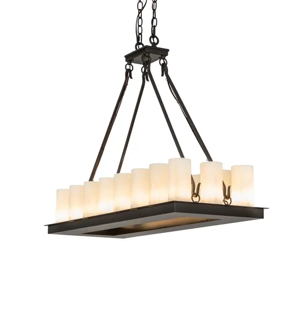 Blending an elegant style with a classic distinguished look. Loxley is custom crafted with 18 Creme Carrare Cylindres on an oblong frame which is featured in a Timeless Bronze finish. The fixture is ideal for illuminating dining tables; conference tables; kitchen islands and counters. The overall height ranges from 32 to 97 inches as the chain length can be easily adjusted in the field to accommodate your specific lighting needs. The Loxley Oblong Chandelier is featured in our American made; American designed; handcrafted Contemporary Rustic Lighting Collection. Manufactured in Yorkville; New York. UL and cUL listed for dry and damp locations.