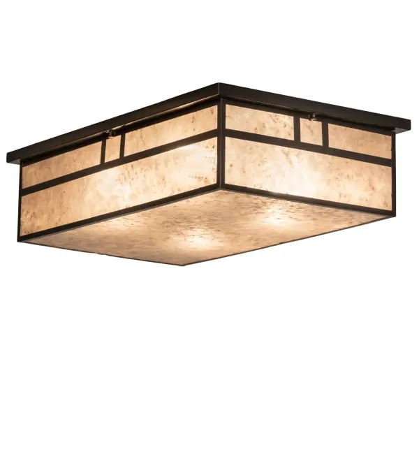 Custom-made from Solid Brass; this ceiling fixture features a stunning Craftsman design statement captured with a dramatic Mission-styled profile and a Double Bar straight-line design. The Silver Mica diffuser is enhanced with a frame and hardware in a Craftsman Brown finish. The ceiling fixture is ideal for illuminating corridors and entryways in timber homes; modern farmhouses; and other spaces. The Hyde Park Double Bar Mission Oblong Flush Mount is included in our American-made; American-designed; handcrafted Craftsman Signature Series and manufactured in Yorkville; New York. UL and cUL listed for dry and damp locations. Our Build Your Own Craftsman Signature Series features unlimited combinations of styles. The collection is called Build Your Own because it is fully configurable and customizable from size and design to finish and lens color. Marine-grade; solid brass; or copper raw materials are utilized to ensure items from the Craftsman Signature Series of outdoor and indoor lighting will stand the test of time; as these premium metals are impervious to most types of oxidation. Hand-applied Patina finishes on brass and copper are sealed with a clear varnish and over time; may require gentle maintenance; such as wax; to delay or reverse the natural living finish attributes indicative of this finishing process. Patina finishes on brass and copper provide strong resistance to fading from sun exposure; will not chip or crack; and will not rust like a steel- framed item in the same conditions. Choose from many style options; or send us your concept today. Call today to learn how to use the configuration tool on our website to get an instant item number.