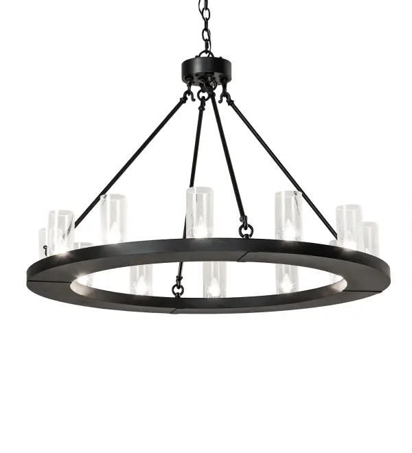 Updating a classic lighting design with a modern look. This Grand styled Chandelier is custom crafted with 12 Clear Seeded Glass Cylindres featured across this sturdy Textured Black finished ring. Ideal for illuminating entryways; ballrooms; lobbies and other residential; hospitality and commercial settings. Overall height ranges from 36 to 82 inches as the chain can be adjusted in the field. The Loxley Chandelier is featured in our American made; American designed handcrafted Transitional Lighting Collection. Manufactured in Yorkville; New York. UL and cUL listed for dry and damp locations.