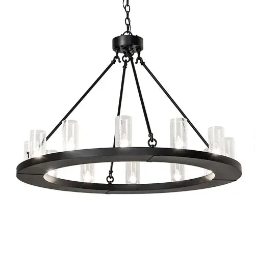 Updating a classic lighting design with a modern look. This Grand styled Chandelier is custom crafted with 12 Clear Seeded Glass Cylindres featured across this sturdy Textured Black finished ring. Ideal for illuminating entryways; ballrooms; lobbies and other residential; hospitality and commercial settings. Overall height ranges from 36 to 82 inches as the chain can be adjusted in the field. The Loxley Chandelier is featured in our American made; American designed handcrafted Transitional Lighting Collection. Manufactured in Yorkville; New York. UL and cUL listed for dry and damp locations. - alternate view