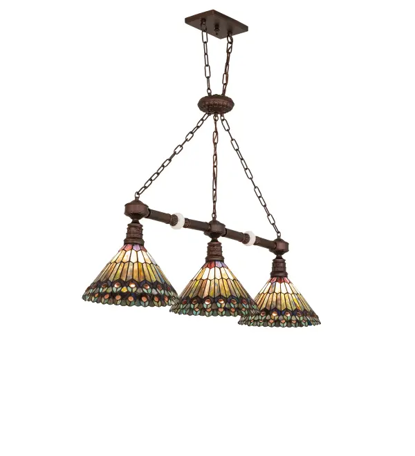 As distinctive as a beautiful Peacock fanning its feathers in the wild; no two shades will ever be the same; as their individuality can be as remarkably unique as their personality. The three artistic shade creations feature swirling opalescent art glass background combinations; including Beige; Yellow Pinks; Golden Greens; Ivory; Bluish Whites; Turquoise Blues; Olive; and Spring Greens. The eye of the plumage design reveals Purples; Pastel Blues; Teals; Cobalt; and Ivories; accented with Blue- and Purple-colored jewels. Individual pieces of glass are hand-cut and wrapped with Meyda Tiffany's renowned copper foil construction. The Tiffany Jeweled Peacock 3 Light Pendant is included in the American-designed; Handcrafted Tiffany Reproduction Collection. The fixture is UL and cUL listed for dry and damp locations. Each shade is a unique work of art with color variations based on natural ingredients inherent in the glass. Contact us if color matching is critical when ordering multiple items.