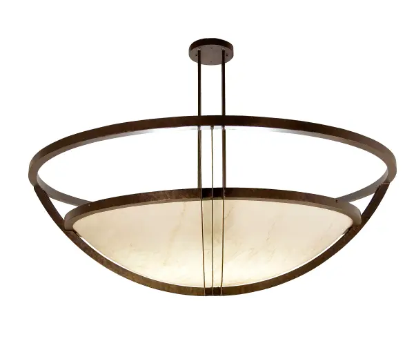 A curvaceous minimalist design with bold architectural lines, this stylish bowl shaped pendant features a sturdy frame, decorative accents and hardware in a Gilded Tobacco finish. The Botticino Idalight diffuser renders beautiful ambient illumination. Handcrafted by highly skilled artisans in our manufacturing facility in Yorkville, NY, this unique pendant is available in custom designs, finishes and sizes. Dimmable energy efficient lamps such as LEDs are available. The Grandiose, 92-inch wide fixture is UL and cUL listed for dry and damp locations. Collection: Loran Finish: Gilded Tobacco Glass: Botticino Idalight Width: 92.00" Height: 60.00" Length: 92.00" Weight: 166.00 lb Number of Bulbs: 12 Maximum Wattage: 60.00 W Bulb Type: A19 Bulb Base: E26 Material: Steel Country of Origin: USA Safety Rating: Damp