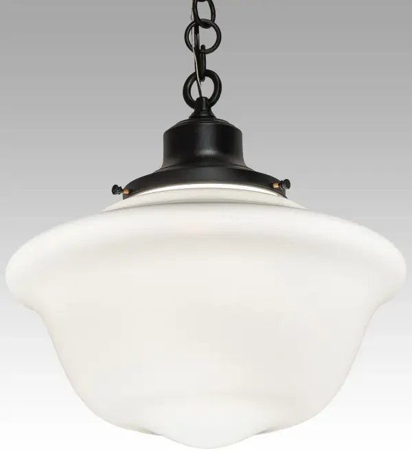 The Revival Schoolhouse glass reflects an authentic classic design. A perfectly formed shade is handcrafted of White Opal Schoolhouse Glass with rich artisanship and style. Originally used in private residences, schools, galleries and libraries, this Schoolhouse electrical reproduction pendant is stem hung and will illuminate a broad range of interiors today. The Brass pendant is enhanced with a Textured Black finish and provides beautiful ambient lighting. Overall height ranges from 28 to 63 inches as the chain easily adjusts in the field. The Revival Traditional Globe Pendant is featured in our American designed, handcrafted Schoolhouse Lighting Collection. UL and cUL listed for dry and damp locations. Collection: Revival Finish: Textured Black Glass: White Opal Glass Width: 16.00" Height: 28.00" Length: 16.00" Weight: 8.00 lb Number of Bulbs: 1 Maximum Wattage: 60.00 W Bulb Type: A19 Bulb Base: E26 Material: Brass Country of Origin: USA Safety Rating: Damp