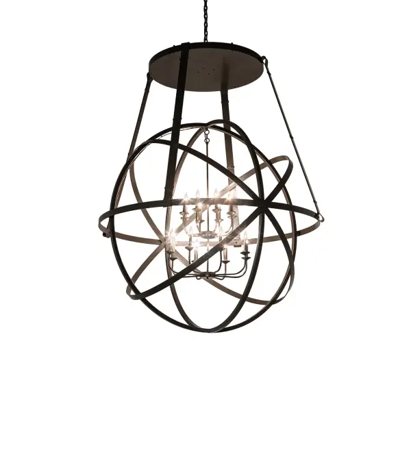 Designed like a magnificent spinning gimbal. Inspired by celestial spheres above, this open-style Hand-Forged Iron framework of Timeless Bronze is finished with circular bands and surrounds 16 complementary faux candlelights that provide ambient illumination. The chandelier evokes a sense of rotating movement on its axis. The overall height ranges from 81 to 176 inches, as the chain length can be easily adjusted on location to accommodate your specific lighting application needs. The Gimbal Grinado Chandelier is included in our American-made, American-designed, handcrafted Modern Lighting Collection and is manufactured in Yorkville, New York. UL and cUL are listed for use in both dry and damp locations. Collection: Gimbal Finish: Timeless Bronze Width: 60.00" Height: 81.00" Length: 60.00" Weight: 145.00 lb Number of Bulbs: 16 Maximum Wattage: 6.00 W Bulb Type: B10 Bulb Base: E12 Light Source: LED Material: Steel Country of Origin: USA Safety Rating: Damp LED