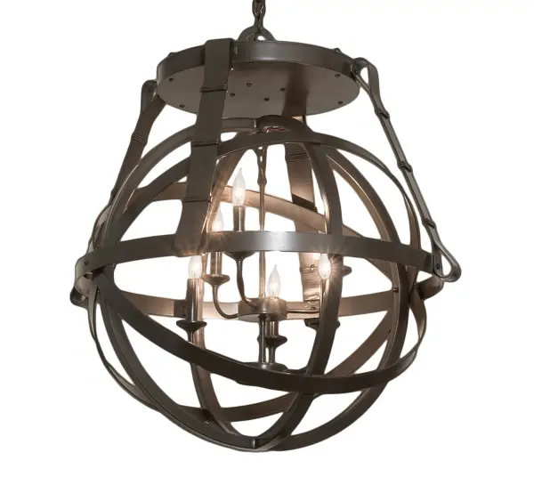 A magnificent spinning gimbal. Inspired by celestial spheres above, this open, Hand-Forged Iron framework of Timeless Bronze, finished with circular bands, surrounds six complementary faux candlelights that provide ambient illumination. The overall height ranges from 37 to 132 inches, and the chain length can be easily adjusted on location to accommodate your specific lighting application needs. The Gimbal Grinado Chandelier is included in our American-made, American-designed, handcrafted Modern Lighting Collection and is manufactured in Yorkville, New York. UL and cUL are listed for use in both dry and damp locations. Collection: Gimbal Finish: Timeless Bronze Width: 32.00" Height: 37.00" Length: 32.00" Weight: 70.00 lb Number of Bulbs: 6 Maximum Wattage: 6.00 W Bulb Type: B10 Bulb Base: E12 Light Source: LED Material: Steel Country of Origin: USA Safety Rating: Damp LED