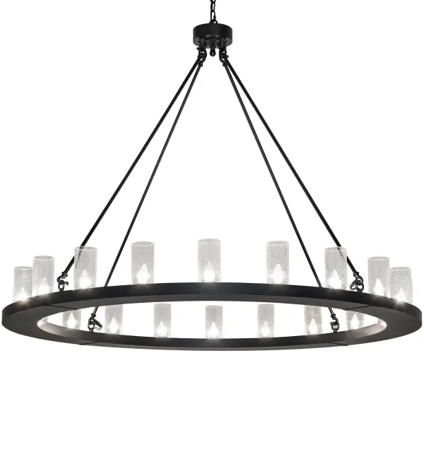 Blending an elegant style with a classic distinguished look. Loxley is custom crafted with 20 Clear Seeded Glass Cylindres on a frame which is featured in a Solar Black finish. The fixture is ideal for illuminating entryways, lobbies and dining areas in residential, hospitality and commercial settings. The overall height ranges from 53 to 124 inches as the chain length can be easily adjusted in the field to accommodate your specific lighting needs. The Loxley Chandelier is featured in our American made, American designed, handcrafted Transitional Lighting Collection. Manufactured in Yorkville, New York. UL and cUL listed for dry and damp locations. Collection: Loxley Finish: Solar Black Glass: Clear Seedy Glass Width: 60.00" Height: 53.00" Length: 60.00" Weight: 80.00 lb Number of Bulbs: 20 Maximum Wattage: 40.00 W Bulb Type: B11 Bulb Base: E26 Material: Steel Country of Origin: USA Safety Rating: Damp