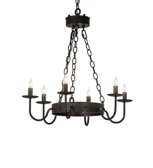 Every Meyda Tiffany item is a unique handcrafted work of art. Natural variations in the wide array of materials that we use to create each Meyda product make every item a masterpiece of its own. Photographs are a general representation of the product. Colors and designs will vary. Collection: Edinburgh Finish: Solar Black Glass: Black Metal Finish Width: 24.00" Height: 28.00" Length: 24.00" Weight: 11.00 lb Number of Bulbs: 6 Maximum Wattage: 60.00 W Bulb Type: BA9 Bulb Base: E12 Material: Steel Country of Origin: USA Safety Rating: Damp - alternate view