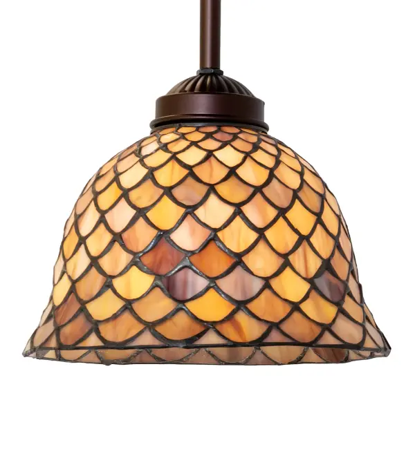 A Louis Comfort Tiffany studio classic... The renowned Fishscale design features a variegated Tortoiseshell of Emerald, Sapphire, Mauve, and Beige colored art glass, evoking a unique dimensional and textured look in a rainbow of brilliant hues. This exquisite art glass shade is created using the famous Meyda Tiffany copperfoil construction process and enhanced with a Mahogany Bronze finish. Inspired by Rainbow Trout and other colorful fish found in Northwest Montana, Eastern Idaho, and Baja, California. The overall height can be adjusted by combining the four stem lengths that are included: 6-inch, 12-inch, 16-inch, and 24-inch, in any combination to achieve the desired drop from the ceiling. The mini pendant perfectly aligns in groups to illuminate bars, counters, and kitchen islands in residential and hospitality settings. The Tiffany Fishscale Pendant is included in our American-designed Tiffany Reproduction Lighting Collection. UL & cUL listed for dry and damp locations. Each shade is a unique work of art with color variations based on natural ingredients inherent in the glass. Please contact us if color matching is critical when ordering multiple items. Collection: Tiffany Fishscale Finish: Mahogany Bronze Glass: Stained Glass Width: 8.00" Height: 16.00" Length: 8.00" Weight: 4.00 lb Number of Bulbs: 1 Maximum Wattage: 60.00 W Bulb Type: A19 Bulb Base: E26 Material: Steel Country of Origin: CHINA Safety Rating: Damp
