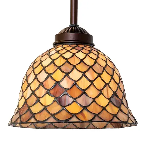 A Louis Comfort Tiffany studio classic... The renowned Fishscale design features a variegated Tortoiseshell of Emerald, Sapphire, Mauve, and Beige colored art glass, evoking a unique dimensional and textured look in a rainbow of brilliant hues. This exquisite art glass shade is created using the famous Meyda Tiffany copperfoil construction process and enhanced with a Mahogany Bronze finish. Inspired by Rainbow Trout and other colorful fish found in Northwest Montana, Eastern Idaho, and Baja, California. The overall height can be adjusted by combining the four stem lengths that are included: 6-inch, 12-inch, 16-inch, and 24-inch, in any combination to achieve the desired drop from the ceiling. The mini pendant perfectly aligns in groups to illuminate bars, counters, and kitchen islands in residential and hospitality settings. The Tiffany Fishscale Pendant is included in our American-designed Tiffany Reproduction Lighting Collection. UL & cUL listed for dry and damp locations. Each shade is a unique work of art with color variations based on natural ingredients inherent in the glass. Please contact us if color matching is critical when ordering multiple items. Collection: Tiffany Fishscale Finish: Mahogany Bronze Glass: Stained Glass Width: 8.00" Height: 16.00" Length: 8.00" Weight: 4.00 lb Number of Bulbs: 1 Maximum Wattage: 60.00 W Bulb Type: A19 Bulb Base: E26 Material: Steel Country of Origin: CHINA Safety Rating: Damp - alternate view