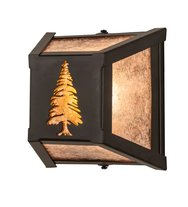 A stunning Nature Inspired Tall Pine tree design is depicted while the morning sun rises in the background. Soft ambient light is diffused beautifully through a stunning Amber Mica Pine Tree silhouette and Silver Mica panels on four sides. This dramatic wall fixture is complemented with Black Satin Wrought Iron finished hardware. The Tall Pine Wall Sconce is featured in our American made; American designed handcrafted Nature Inspired Lighting Collection. Manufactured in Yorkville; New York. UL and cUL listed for dry and damp locations.