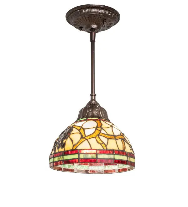 Inspired by the White Mountain Forest of New England to the Sawtooth National Forest in Utah and Idaho, to the White Mountains of eastern California. This stunning Meyda Original art glass design features the iconic Pinecone, one of Mother Nature's most compelling organic symbols, which offers natural elegance and represents the evolution of human enlightenment. Burgundy and Leaf Green bands edge this woodland shade, highlighting Light Brown pinecones and Golden Sun branches on a Beige art glass shade. The beautiful shade is created using the famous Meyda Tiffany copperfoil construction technique. Overall height ranges from 15 to 67 inches as the suspension rod can be adjusted and assembled in the field using four tube lengths that are included. Place the mini pendant in groups to create a dramatic design statement over kitchen islands, dining tables, bars, and counters. The overall height can be adjusted by combining the four stem lengths included: 9-inch, 15-inch, 19-inch, and 27-inch in any combination to achieve the desired drop from the ceiling. The Pinecone Mini Pendant is included in our American-designed, handcrafted Nature Inspired Stained Glass Collection. UL and CUL listed for dry and damp locations. Collection: Pinecone Finish: Mahogany Bronze Glass: Stained Glass Width: 8.00" Height: 15.00" Length: 8.00" Weight: 5.00 lb Number of Bulbs: 1 Maximum Wattage: 60.00 W Bulb Type: A19 Bulb Base: E26 Material: Steel Country of Origin: CHINA Safety Rating: Damp