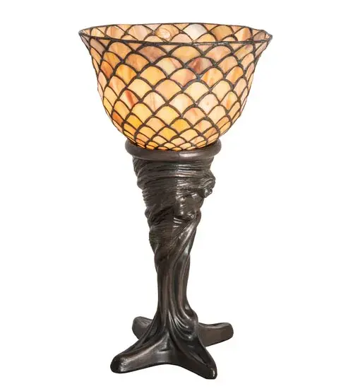 A Louis Comfort Tiffany studio classic. The famous Fishscale design features a variegated Tortoiseshell of Emerald; Sapphire; Mauve and Beige colored art glass; evoking a unique dimensional and textured look in a rainbow of brilliant hues. This exquisite art glass shade is created using the famous Meyda Tiffany copperfoil construction process and complemented with an ornate cast base in a Mahogany Bronze finish.The Fishscale Table Lamp is featured in our American designed; handcrafted Stained Glass Lighting Collection. UL and cUL listed for dry locations. Each shade is a unique work of art with color variations based on natural ingredients inherent in the glass. Contact us if color matching is critical when ordering multiple items. - alternate view
