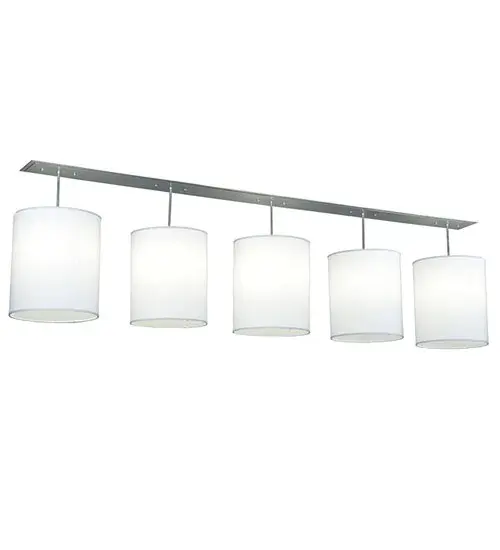 Creating a dramatic design statement with five White Textrene shades complemented with bottom diffusers and displayed across a linear ceiling mount. This stunning linear pendant defines a distinctive; sophisticated aesthetic. The Cilindro diffusers are embraced with hardware featured in a bold Nickel finish. The striking pendant is ideal for illuminating bars; counters; islands; and tables in homes and other hospitality spaces from Washington; D.C.; to Memphis; Tennessee; to Salt Lake City; Utah. The Cilindro Linear 5 Light Pendant is featured in our American-made; American-designed; handmade Modern Lighting Collection and manufactured in the USA. UL and cUL listed for dry and damp locations; however; we do not recommend installing it in spaces that experience a large amount of moisture due to the fabric shades. - alternate view