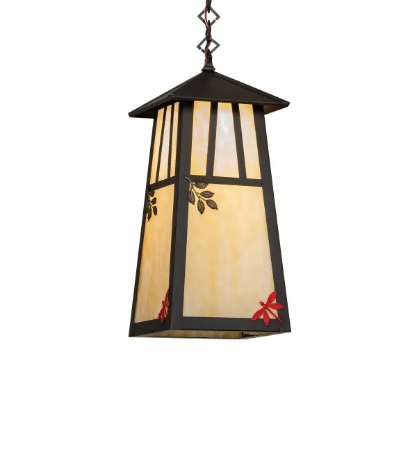 Custom made from Solid Brass. A stunning Craftsman design statement is created with a dramatic Mission-styled straight-line design. The ceiling pendant is highlighted with a Beige Art Glass shade, adorned with delicate metal leaves and hardware featured in a Craftsman Brown finish, while Red Handpainted Dragonflies accent the shade. This handsome pendant is constructed for interior and exterior applications while providing beautiful ambient lighting in timber homes, modern farmhouses, and other spaces from Traverse City, Michigan, to Lake Tahoe, Nevada, to Lake Geneva, Wisconsin. The overall height ranges from 21 to 56 inches as the chain easily adjusts in the field to meet your exact lighting requirements. The Stillwater Double Bar Mission Pendant is included in our American-made, American-designed, handcrafted Craftsman Signature Series and manufactured in Yorkville, New York. UL and cUL listed for dry, damp, and wet locations. Our Build Your Own Craftsman Signature Series features unlimited combinations of styles, functions, sizes, and finishes. Options include lanterns, pier and post mounts, and deck lights crafted of marine-grade materials like brass and copper with timeless living finishes offered to endure harsh climates. Collection: Stillwater Finish: Craftsman Brown Glass: Beige Art Glass Width: 11.50" Height: 21.00" Length: 8.00" Weight: 8.50 lb Number of Bulbs: 1 Maximum Wattage: 60.00 W Bulb Type: A19 Bulb Base: E26 Material: Brass Country of Origin: USA Safety Rating: Wet