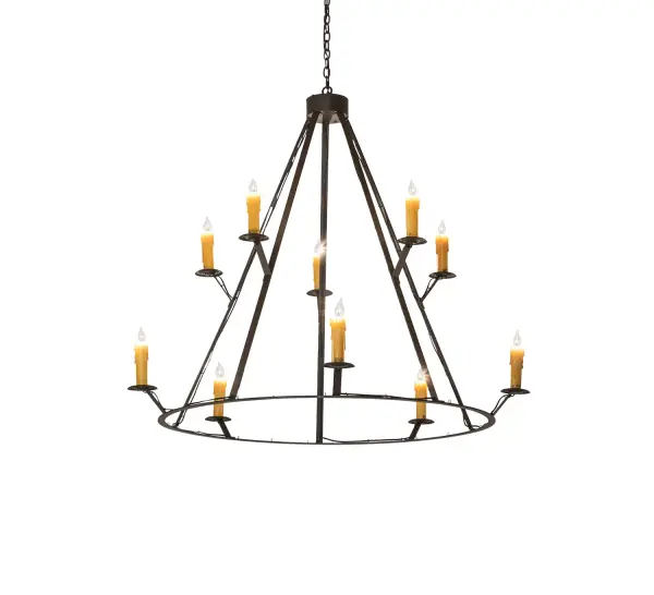 This large, architecturally styled fixture is designed with a unique and stylish pizazz. The elaborate geometric structure features a stunning Oil Rubbed Bronze finish. The pendant provides beautiful ambient illumination with 10 Ivory faux candlelights perched on smooth bobeches. The fixture is ideal for placement in foyers and dining rooms in homes, hotels, and restaurants from New York, to Salt Lake City, Utah, to Los Angeles. The Anthracite 10 Light Chandelier is included in our American-made, American-designed, handcrafted Traditional Lighting Collection and manufactured in Yorkville, New York. UL and cUL listed for dry and damp locations. Collection: Anthracite Finish: Oil Rubbed Bronze Width: 54.00" Height: 53.00" Length: 54.00" Weight: 47.00 lb Number of Bulbs: 10 Maximum Wattage: 60.00 W Bulb Type: BA9 Bulb Base: E12 Material: Steel Country of Origin: USA Safety Rating: Damp