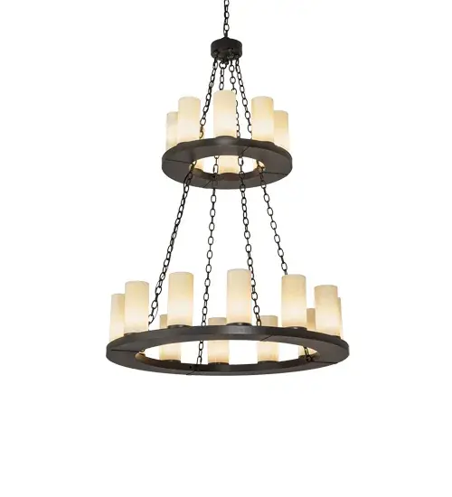 Updating a classic lighting design with a modern look. This Grand styled Chandelier is custom crafted with two tiers that behold 20 Cre'me Carrere Idalight Cylindres crowned with Crystal Idalight diffusers featured across this sturdy Wrought Iron finished ring. Ideal for illuminating entryways, ballrooms, lobbies and other residential, hospitality and commercial settings. Overall height ranges from 72 to 83 inches as the chain can be adjusted in the field. The Loxley Chandelier is featured in our American made, American designed handcrafted Transitional Lighting Collection. Manufactured in Yorkville, New York. UL and cUL listed for dry and damp locations. Collection: Loxley Finish: Wrought Iron Glass: Creme Carrare Idalight/Crystal Idalight (No Frost) Width: 42.00" Height: 72.00" Length: 42.00" Weight: 75.00 lb Number of Bulbs: 20 Maximum Wattage: 5.50 W Bulb Type: B11 Bulb Base: E12 Light Source: LED Material: Steel Country of Origin: USA Safety Rating: Damp LED - alternate view