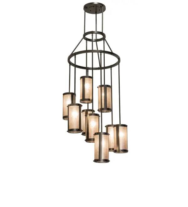 Spanning over 6 feet in height, this stunning Cartier chandelier features an eye-catching transitional look. Handsome Silver Mica shades are aligned in a staggered formation, suspended from 2 decorative rings and a canopy while providing light at various levels. All hardware is hand-finished in Exterior Oil Rubbed Bronze, while an inviting glow evokes from nine decorative cylinders. Ideal for illuminating entryways, lobbies, foyers, ballrooms, and other residential, hospitality, and commercial spaces. The Cartier Cascading Chandelier is offered in our American-made, American-designed, handcrafted Transitional Lighting Collection. Manufactured in Yorkville, NY. UL and cUL listed for dry and damp locations. Collection: Cartier Finish: Exterior Oil Rubbed Bronze Glass: Silver Mica Width: 30.00" Height: 80.00" Length: 30.00" Weight: 59.00 lb Number of Bulbs: 9 Maximum Wattage: 40.00 W Bulb Type: A19 Bulb Base: E26 Material: Steel Country of Origin: USA Safety Rating: Damp