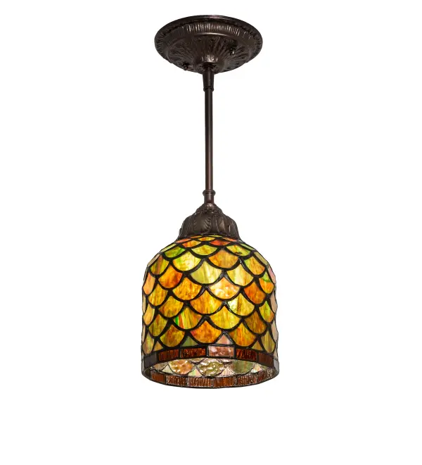 Invite the splendor of Mother Nature in all of its natural beauty. An Autumn multi-colored Art Glass Shade features Greens, Browns and Golden tones and created with the famous Meyda Tiffany copperfoil construction. The overall height can be adjusted by combining the four stem lengths included: 9-inch, 15-inch, 19-inch, and 27-inch in any combination to achieve the desired drop from the ceiling. Make a design statement with a group lined up over a bar, island or counter. The Acorn Mini Pendant is featured in our American designed, handcrafted Stained Glass Lighting Collection. UL and cUL listed for dry and damp locations. Each shade is a unique work of art with color variations based on natural ingredients inherent in the glass. Collection: Acorn Finish: Mahogany Bronze Glass: Stained Glass Width: 6.00" Height: 17.00" Length: 6.00" Weight: 5.00 lb Number of Bulbs: 1 Maximum Wattage: 60.00 W Bulb Type: A19 Bulb Base: E26 Material: Steel/Brass Country of Origin: CHINA Safety Rating: Damp