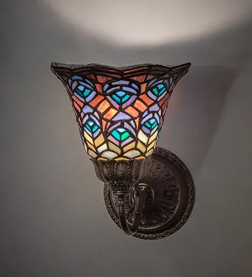 8" Wide Tiffany Peacock Feather Wall Sconce - Image 1