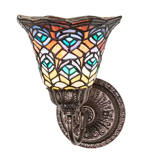 8" Wide Tiffany Peacock Feather Wall Sconce - Image 2