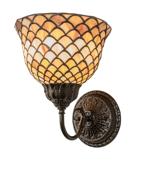 A Louis Comfort Tiffany studio classic... The renowned Fishscale design features a variegated Tortoiseshell of Emerald, Sapphire, Mauve and Beige colored art glass, evoking a unique dimensional and textured look in a rainbow of brilliant hues. This exquisite art glass inverted shade is created using the famous Meyda Tiffany copperfoil construction process and complemented with Mahogany Bronze hand-finished hardware. The Tiffany Fishscale Wall Sconce is included in our American-designed, Tiffany Reproduction Lighting Collection. UL & cUL listed for dry and damp locations. Each shade is a unique work of art with color variations based on natural ingredients inherent in the glass. Contact us if color matching is critical when ordering multiple items. Collection: Tiffany Fishscale Finish: Mahogany Bronze Glass: Stained Glass Width: 8.00" Height: 10.50" Length: 10.00" Weight: 4.00 lb Extension from Wall: 10.00" Number of Bulbs: 1 Maximum Wattage: 60.00 W Bulb Type: A19 Bulb Base: E26 Material: Zinc Country of Origin: CHINA Safety Rating: Damp