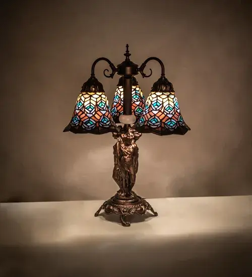 23" High Tiffany Peacock Feather 3 Light Table Lamp - Image 1