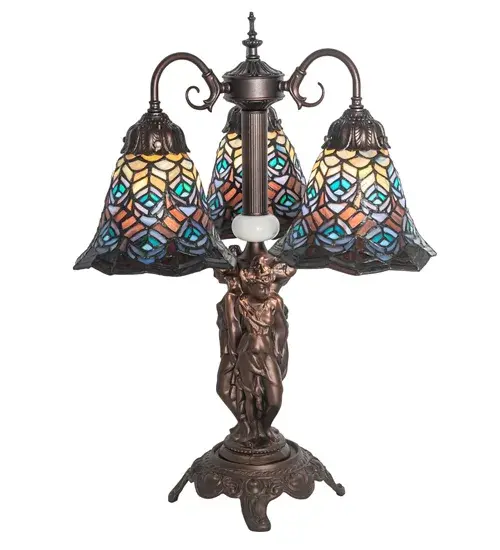 23" High Tiffany Peacock Feather 3 Light Table Lamp - Image 5