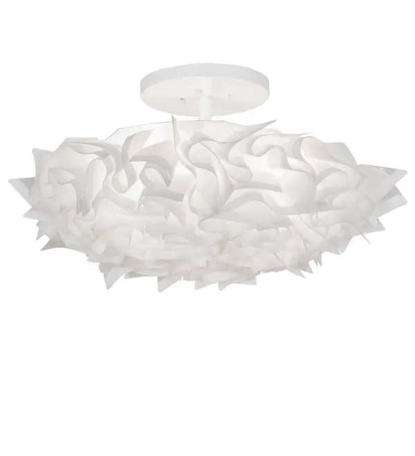 A mouthwatering celebration of modern elegance in fine lighting. A delicious touch of White Paper Swirls like Frosted Topping on a Lemon Meringue Pie is enhanced with a White Powder Coat finish. The Paper Meringue Southland Flushmount is featured in our American designed, handcrafted Southland Lighting Collection. UL and cUL listed for dry and damp locations. This stunning fixture is featured at the Southland Casino in West Memphis, Arkansas. Collection: Paper Meringue Southland Finish: White Powdercoat Glass: White Width: 30.75" Height: 14.00" Length: 30.75" Weight: 9.00 lb Number of Bulbs: 3 Maximum Wattage: 12.00 W Bulb Type: A19 Bulb Base: E26 Light Source: LED Material: Steel Country of Origin: CHINA Safety Rating: Damp LED