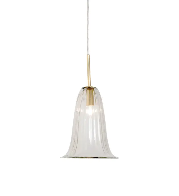 An artistic Clear Fluted Glass pendant is embraced by stunning Satin Gold finished hardware. Use a group of Mini Pendants to illuminate counters; bars; islands and dining tables with energy efficient LED lamps. The overall height ranges from 19 to 50 as the suspension cord can be adjusted in the factory. The Murano Southland Mini Pendant is featured in our American designed; handcrafted Southland Lighting Collection. UL and cUL listed for dry and damp locations. The pendant is featured in the Southland Casino in West Memphis; Arkansas.