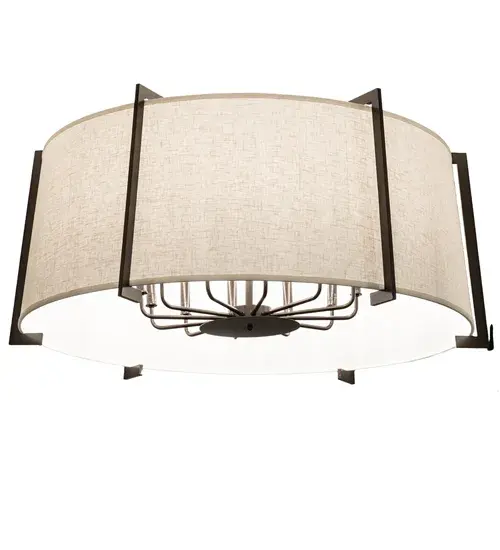 Designed with a curved profile and a clean architectural look; this appealing and versatile ceiling fixture reveals a sophisticated aesthetic. This ceiling fixture features am Off-White Textrene shade. The hardware; frame and crossbar design are featured in Timeless Bronze Finish. Handcrafted by highly skilled artisans in our manufacturing facility in Upstate New York; this transitional styled Cilindro Structure Semi-Flushmount is available in a wide range of custom choices including various designs; colors; sizes and dimmable energy efficient lamping options such as LED. This pendant is UL and cUL listed for damp and dry locations. - alternate view
